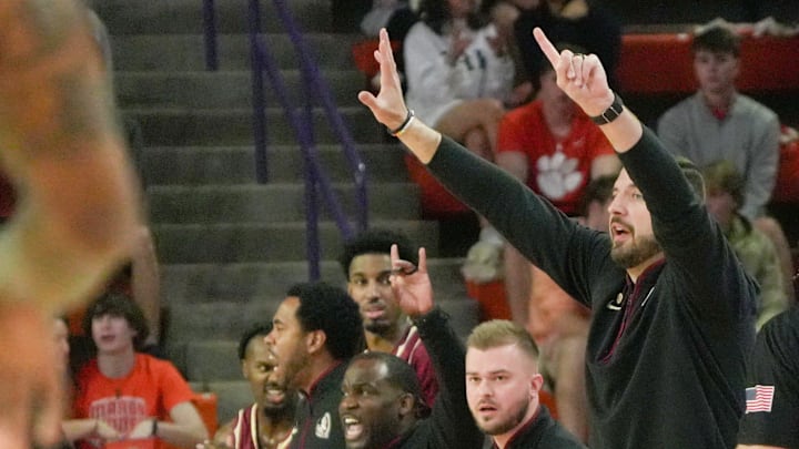 Florida State University Head Coach Luke Loucks during the first half at Littlejohn Coliseum in Clemson, S.C Saturday, February 21, 2026. Florida State University Head Coach Luke Loucks during the first half at Littlejohn Coliseum in Clemson, S.C Saturday, February 21, 2026.