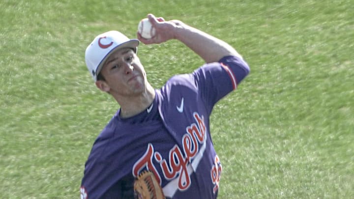 during the top of the first inning at Doug Kingsmore Stadium in Clemson, S.C. Saturday, Feb 14, 2026. during the top of the first inning at Doug Kingsmore Stadium in Clemson, S.C. Saturday, Feb 14, 2026.