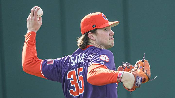 Clemson sophomore Noah Samol (35) warms up before the game with Army West Point at Doug Kingsmore Stadium in Clemson, S.C. Saturday, Feb 14, 2026.