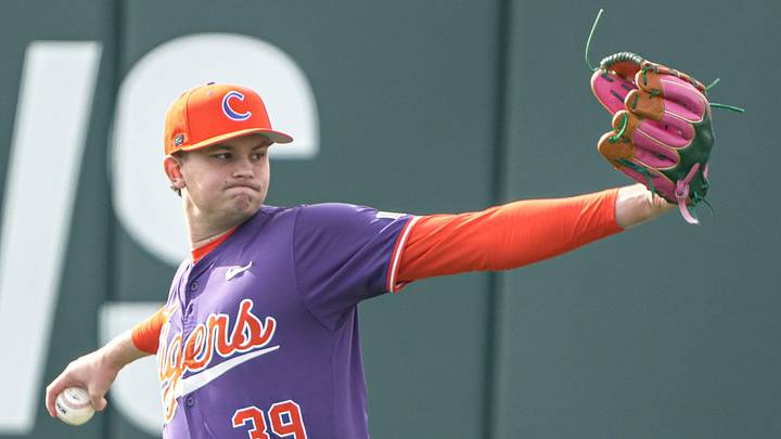 Clemson pitcher Peyton Miller (39) warms up before the game with Army West Point at Doug Kingsmore Stadium in Clemson, S.C. Saturday, Feb 14, 2026. Clemson pitcher Peyton Miller (39) warms up before the game with Army West Point at Doug Kingsmore Stadium in Clemson, S.C. Saturday, Feb 14, 2026.