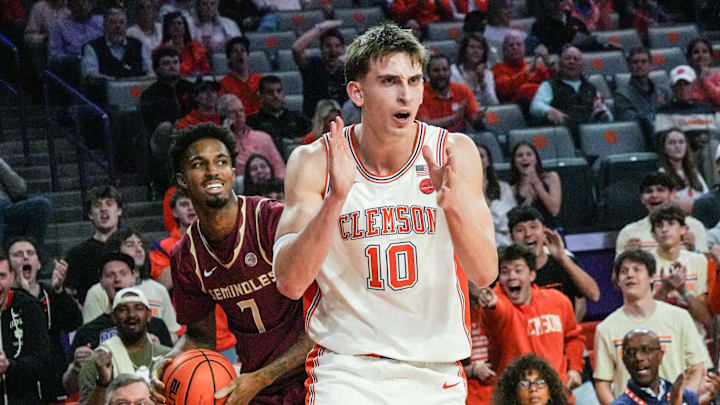 Clemson guard Jake Wahlin (10) reacts after defending Florida State University forward Chauncey Wiggins (7) during the first half at Littlejohn Coliseum in Clemson, S.C Saturday, February 21, 2026.