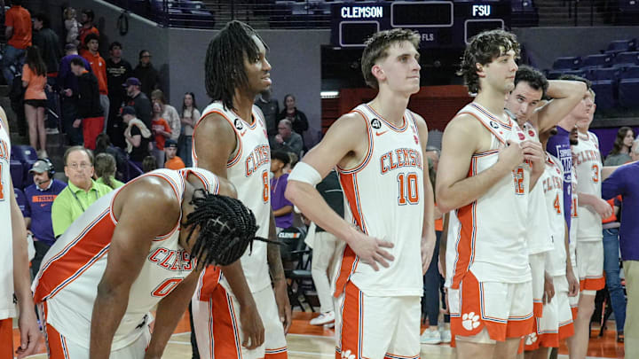 Clemson sophomore forward RJ Godfrey (0) pauses after the game with Florida State University at Littlejohn Coliseum in Clemson, S.C Saturday, February 21, 2026.