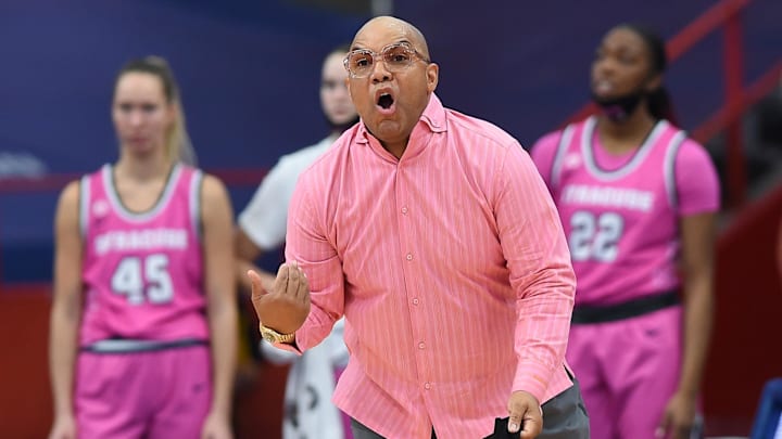 Feb 28, 2021; Syracuse, New York, USA; Syracuse Orange head coach Quentin Hillsman reacts to a play