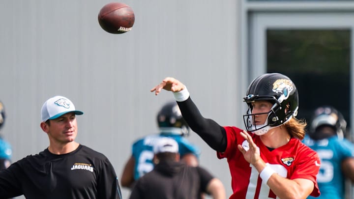 Jacksonville Jaguars quarterback Trevor Lawrence (16) passes during the Jacksonville Jaguars’ mandatory minicamp Tuesday June 10, 2025 at the Miller Electric Center in Jacksonville, Fla. [Doug Engle/Florida Times-Union]