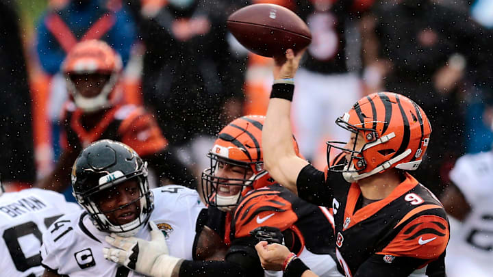 Cincinnati Bengals quarterback Joe Burrow (9) throws a pass in the fourth quarter of the NFL Week 4 game between the Cincinnati Bengals and the Jacksonville Jaguars at Paul Brown Stadium in downtown Cincinnati on Sunday, Oct. 4, 2020. The Bengals collected their first win of the season, 33-25, from the Jaguars.

Jacksonville Jaguars At Cincinnati Bengals