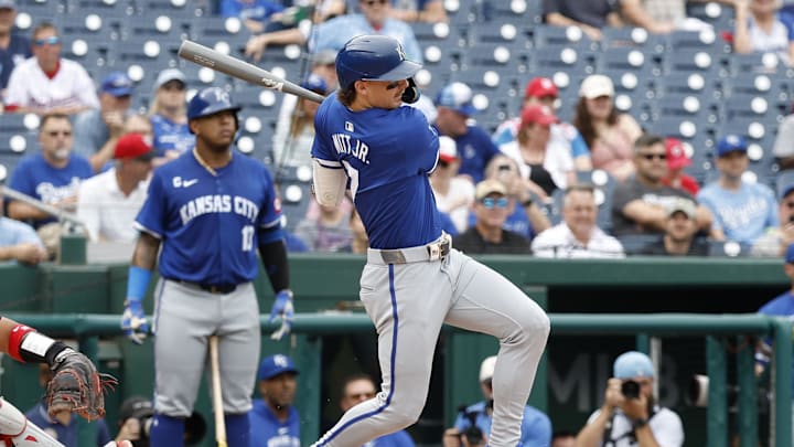 Kansas City Royals shortstop Bobby Witt Jr. (7) hits an RBI single against the Washington Nationals during the third inning at Nationals Park on Sept 26.