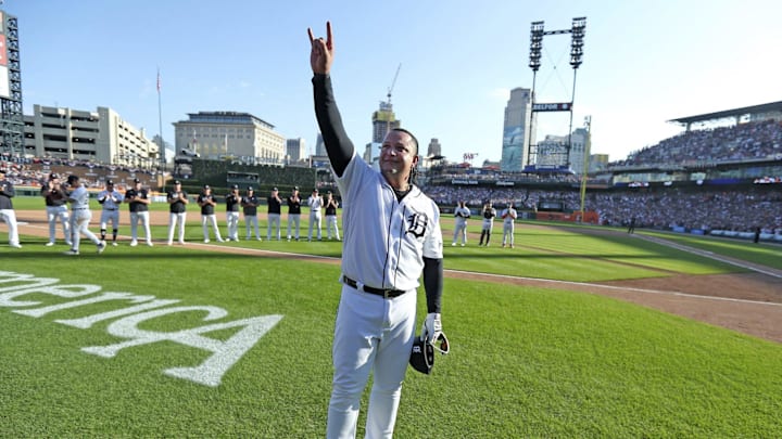 Detroit Tigers designated hitter Miguel Cabrera waves to fans after making his last play at first base as a Tigear during eighth inning action on Sunday, Oct. 1, 2023. Detroit Tigers designated hitter Miguel Cabrera waves to fans after making his last play at first base as a Tigear during eighth inning action on Sunday, Oct. 1, 2023.