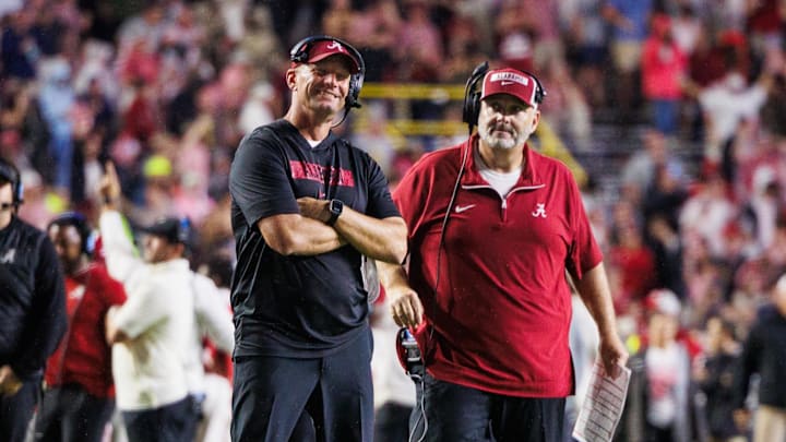 Nov 9, 2024; Baton Rouge, Louisiana, USA;  Alabama Crimson Tide head coach Kalen DeBoer reacts to a touchdown scored against the LSU Tigers during the second half at Tiger Stadium. Mandatory Credit: Stephen Lew-Imagn Images
