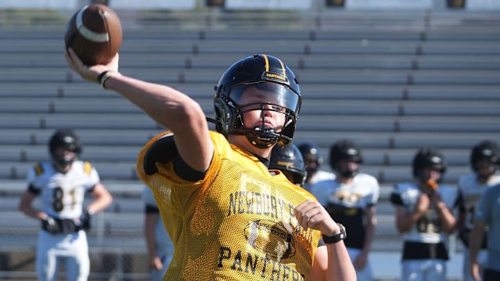 Newbury Park High junior quarterback Brady Smigiel fires a pass during a practice on Friday, Aug. 16, 2024. After setting county single-season (52) and career TD passes (98) as a sophomore, Smigiel will lead a powerful Panthers offense in the newly formed Conejo Coast League. Newbury Park High junior quarterback Brady Smigiel fires a pass during a practice on Friday, Aug. 16, 2024. After setting county single-season (52) and career TD passes (98) as a sophomore, Smigiel will lead a powerful Panthers offense in the newly formed Conejo Coast League.