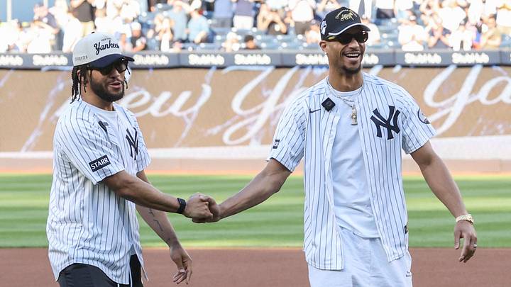 New York Knicks guards Jalen Brunson and Josh Hart throw out the first pitch prior to the game between the Chicago White Sox and the New York Yankees at Yankee Stadium. New York Knicks guards Jalen Brunson and Josh Hart throw out the first pitch prior to the game between the Chicago White Sox and the New York Yankees at Yankee Stadium.