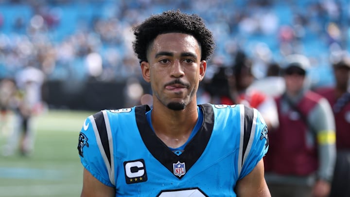 Sep 21, 2025; Charlotte, North Carolina, USA; Carolina Panthers quarterback Bryce Young (9) leaves the field following a game between Carolina Panthers and the Atlanta Falcons at Bank of America Stadium. Sep 21, 2025; Charlotte, North Carolina, USA; Carolina Panthers quarterback Bryce Young (9) leaves the field following a game between Carolina Panthers and the Atlanta Falcons at Bank of America Stadium.