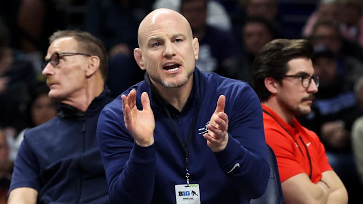 Penn State Nittany Lions wrestling coach Cael Sanderson reacts during a match at the Big Ten Wrestling Championships at Bryce Jordan Center. 