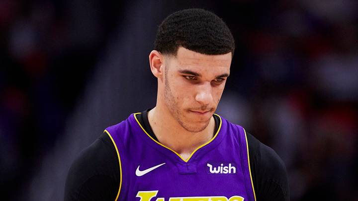 Mar 26, 2018; Detroit, MI, USA; Los Angeles Lakers guard Lonzo Ball (2) reacts during the second half against the Detroit Pistons at Little Caesars Arena. Mandatory Credit: Rick Osentoski-USA TODAY Sports