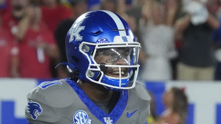 Kentucky’s Zion Childress celebrates sacking Georgia’s Trevor Etienne Saturday night at Kroger Field.
Sept. 14, 2024