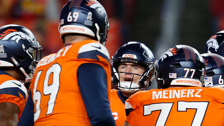 LANDOVER, MD - NOVEMBER 30: Denver Broncos quarterback Bo Nix (10) and the offense huddle prior to the Denver Broncos game versus the Washington Commanders at Northwest Stadium on November 30, 2025, in Landover, MD. 