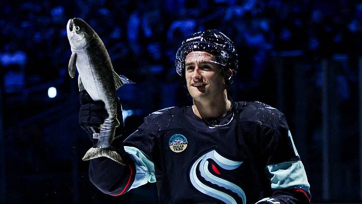 Oct 4, 2026; Seattle, Washington, USA; Seattle Kraken right wing Mackie Samoskevich (11) celebrates after defeating the Calgary Flames at Climate Pledge Arena. Mandatory Credit: Kevin Ng-Imagn Images TPX IMAGES OF THE DAY Oct 4, 2026; Seattle, Washington, USA; Seattle Kraken right wing Mackie Samoskevich (11) celebrates after defeating the Calgary Flames at Climate Pledge Arena. Mandatory Credit: Kevin Ng-Imagn Images TPX IMAGES OF THE DAY