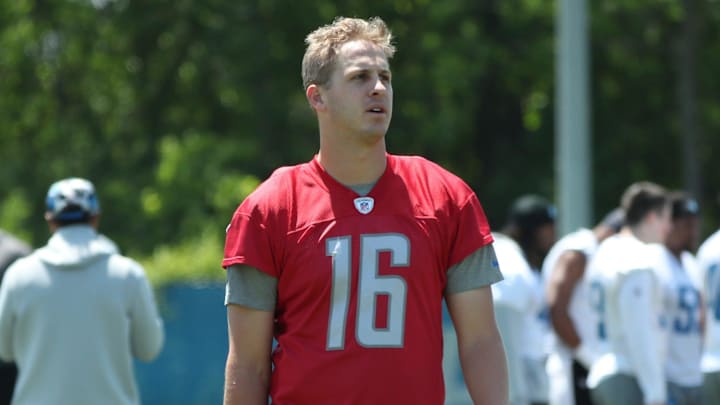 Lions quarterback Jared Goff walks off the field after OTAs on Thursday, May 25, 2023, in Allen