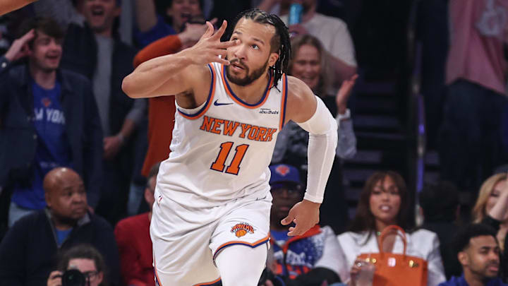 Apr 19, 2025; New York, New York, USA; New York Knicks guard Jalen Brunson (11) gestures after making a three-point shot in Game One of the First Round of the NBA Playoffs against the Detroit Pistons at Madison Square Garden. Mandatory Credit: Wendell Cruz-Imagn Images