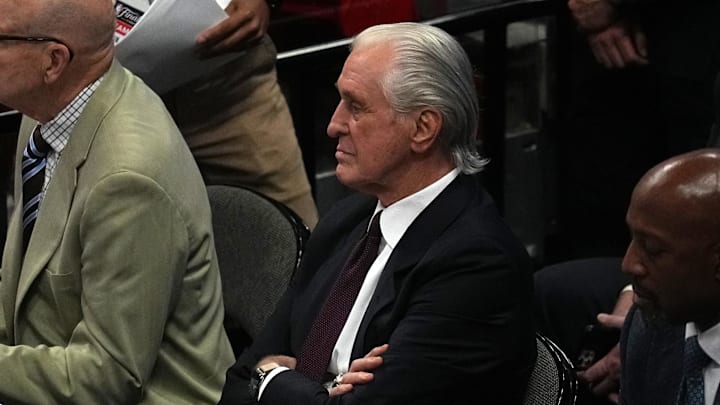 Jun 9, 2023; Miami, Florida, USA; Miami Heat president Pat Riley looks on during the second half in game four of the 2023 NBA Finals against the Denver Nuggets at Kaseya Center. Mandatory Credit: Jim Rassol-Imagn Images