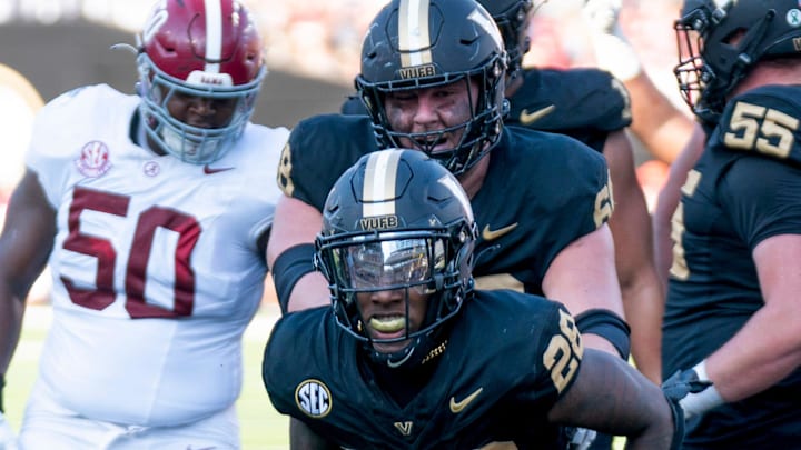 Vanderbilt Commodores running back Sedrick Alexander (28) celebrates a touchdown against the Alabama Crimson Tide during their game at Vanderbilt Stadium in Nashville, Tenn., Saturday, Oct. 5, 2024.