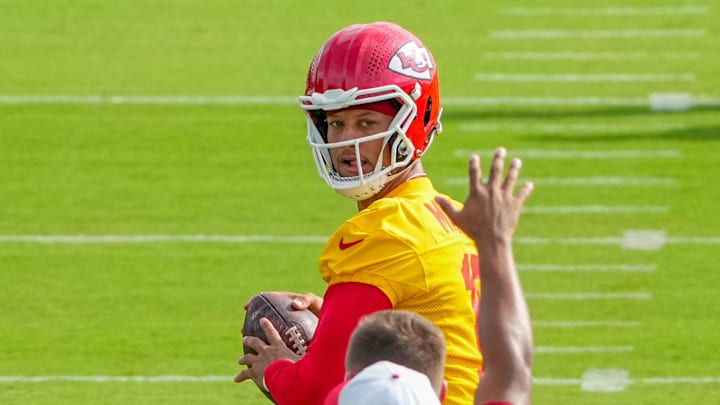 Jul 22, 2025; St. Joseph, MO, USA; Kansas City Chiefs quarterback Patrick Mahomes (15) receives a snap during training camp at Missouri Western State University. Mandatory Credit: Denny Medley-Imagn Images