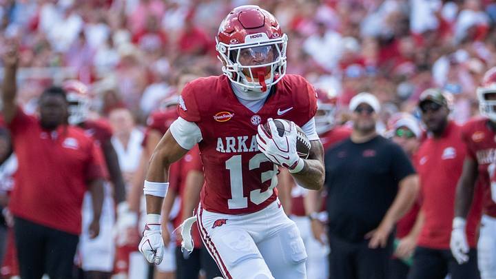 Arkansas Razorbacks wide receiver Jelani Watkins looks for running room against North Alabama on Sept. 5, 2026. Arkansas Razorbacks wide receiver Jelani Watkins looks for running room against North Alabama on Sept. 5, 2026.