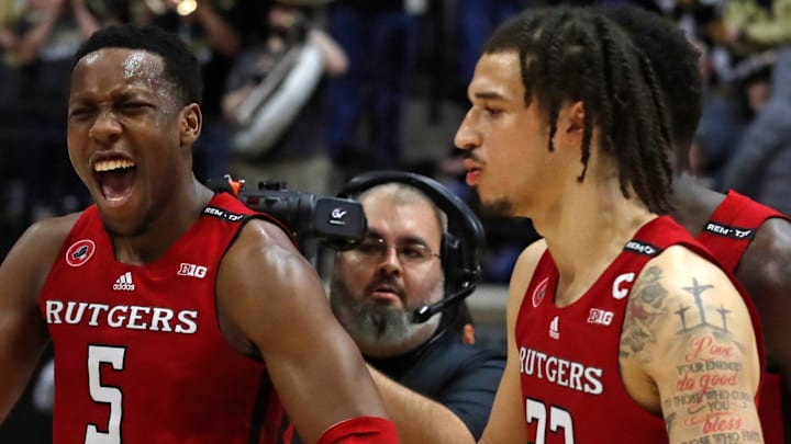Rutgers Scarlet Knights forward Aundre Hyatt (5) and Rutgers Scarlet Knights guard Caleb McConnell