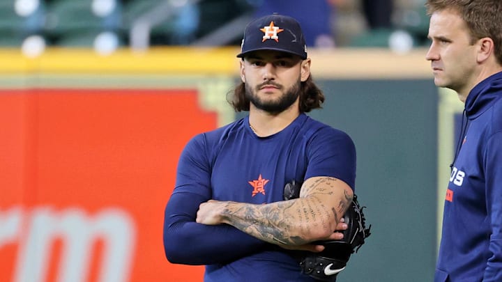 Houston Astros starting pitcher Lance McCullers Jr. (43) looks on during warmups before game one of the ALCS for the 2022 MLB Playoffs against the New York Yankees at Minute Maid Park in 2022.