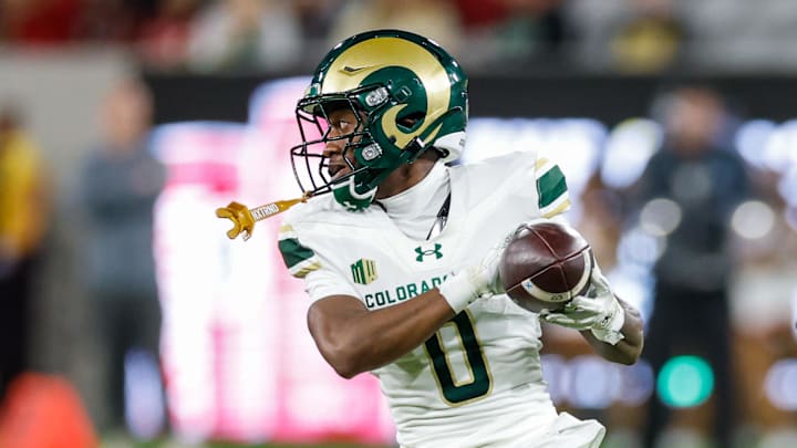 Oct 3, 2025; San Diego, California, USA; Colorado State Rams wide receiver Jordan Ross (0) makes a catch during the first half against the San Diego State Aztecs at Snapdragon Stadium. Mandatory Credit: David Frerker-Imagn Images