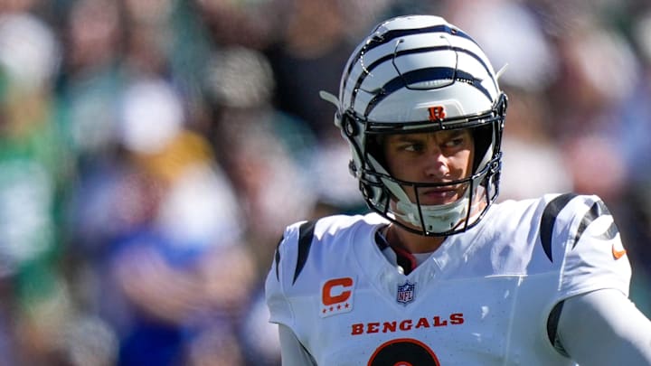 Cincinnati Bengals quarterback Joe Burrow (9) looks back to the sideline before a play in the first quarter of the NFL Week 8 game between the Cincinnati Bengals and the Philadelphia Eagles at Paycor Stadium in downtown Cincinnati on Sunday, Oct. 27, 2024.