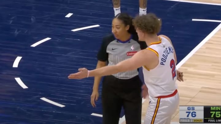 Brandin Podziemski explains there’s a drink on the floor after receiving a technical foul.