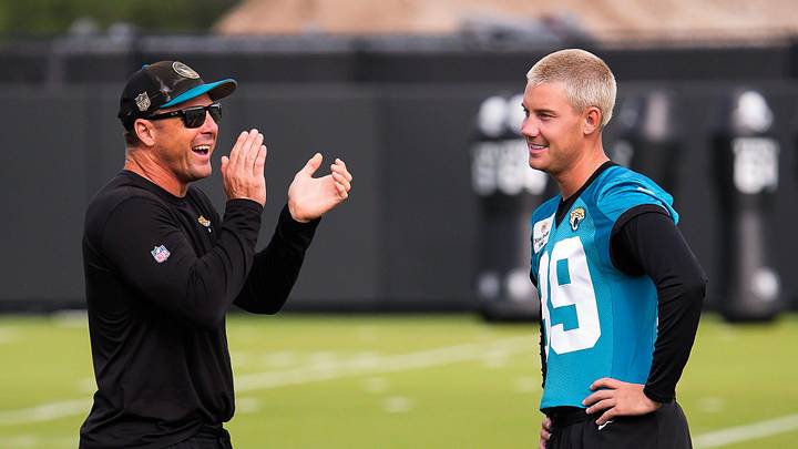 Jaguars Special Teams Coordinator Heath Farwell, left has a laugh with Jaguars’ kicker Cam Little (39) during the Jaguars’ 4th OTA of the year, Monday June 1, 2026 at the Miller Electric Center in Jacksonville, Fla. [Doug Engle/Florida Times-Union]