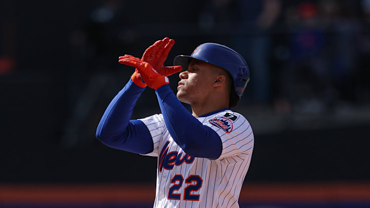 Soto reacts after hitting a two-run double. 
