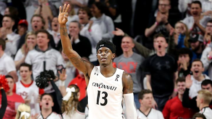 Cincinnati Bearcats forward Trevon Scott (13) gestures after scoring a 3-point shot in the second half during a college basketball game, Saturday, Feb. 1, 2020, at Fifth Third Arena in Cincinnati. Cincinnati Bearcats won 64-62.

Houston Cougars At Cincinnati Bearcats Basketball 2 1 2020