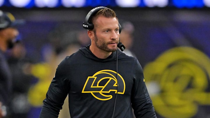 Nov 16, 2025; Inglewood, California, USA; Los Angeles Rams head coach Sean McVay looks on during the second half of the game against the Seattle Seahawks at SoFi Stadium. Mandatory Credit: Jayne Kamin-Oncea-Imagn Images