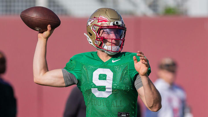 Florida State Seminoles quarterback Kevin Sperry (9) looks to pass to a teammate Thursday, April 9, 2026.