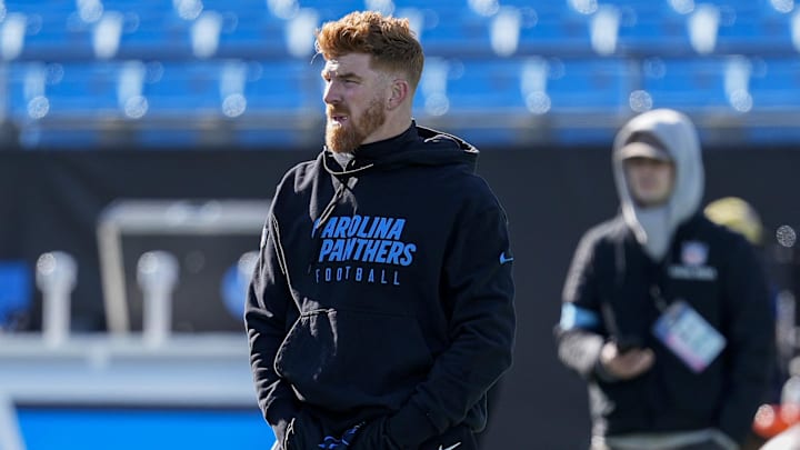 Dec 22, 2024; Charlotte, North Carolina, USA; Carolina Panthers quarterback Andy Dalton (14) during pregame warmups against the Arizona Cardinals at Bank of America Stadium. Mandatory Credit: Jim Dedmon-Imagn Images Dec 22, 2024; Charlotte, North Carolina, USA; Carolina Panthers quarterback Andy Dalton (14) during pregame warmups against the Arizona Cardinals at Bank of America Stadium. Mandatory Credit: Jim Dedmon-Imagn Images