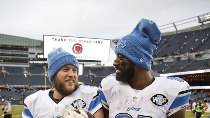 Jan 3, 2016; Chicago, IL, USA; Detroit Lions wide receiver Calvin Johnson (81) walks off the field with quarterback Matthew Stafford (9) after the NFL game against the Chicago Bears at Soldier Field. The Lions won 24-20. Mandatory Credit: Kamil Krzaczynski-Imagn Images Jan 3, 2016; Chicago, IL, USA; Detroit Lions wide receiver Calvin Johnson (81) walks off the field with quarterback Matthew Stafford (9) after the NFL game against the Chicago Bears at Soldier Field. The Lions won 24-20. Mandatory Credit: Kamil Krzaczynski-Imagn Images