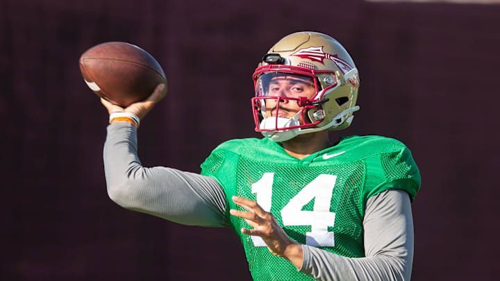 Florida State Seminoles quarterback Ashton Daniels (14) winds up to pass Thursday, April 9, 2026.