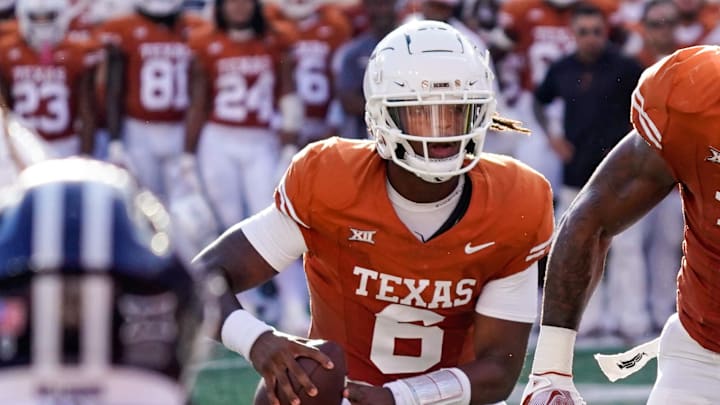 Oct 28, 2023; Austin, Texas, USA; Texas Longhorns quarterback Maalik Murphy (6) looks to pass during