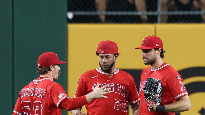 Sep 5, 2026; Pittsburgh, Pennsylvania, USA; Los Angeles Angels left fielder Wade Meckler (53) and center fielder Jose Siri (28) and right fielder Josh Lowe (right) celebrate in the outfield after defeating the Pittsburgh Pirates at PNC Park. Mandatory Credit: Charles LeClaire-Imagn Images Sep 5, 2026; Pittsburgh, Pennsylvania, USA; Los Angeles Angels left fielder Wade Meckler (53) and center fielder Jose Siri (28) and right fielder Josh Lowe (right) celebrate in the outfield after defeating the Pittsburgh Pirates at PNC Park. Mandatory Credit: Charles LeClaire-Imagn Images