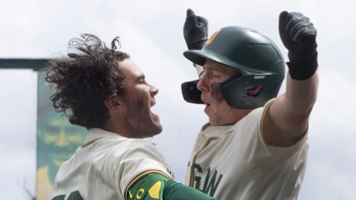 Oregon’s Angel Laya, left, celebrates his second home run of the game with Burke-Lee Mabeus during the game against Nebraska at PK Park in Eugene April 12, 2026. Oregon’s Angel Laya, left, celebrates his second home run of the game with Burke-Lee Mabeus during the game against Nebraska at PK Park in Eugene April 12, 2026.