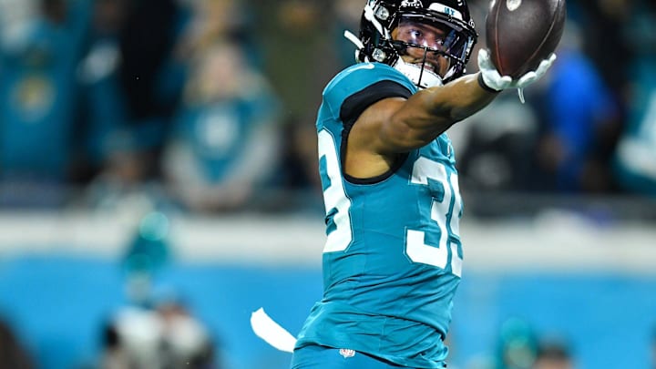 Jacksonville Jaguars wide receiver Jamal Agnew (39) leaps into the end zone on a 65-yard pass play during third quarter action. The Jacksonville Jaguars hosted the Baltimore Ravens at EverBank Stadium in Jacksonville, Florida Sunday Night, December 17, 2023. The Jaguars trailed 10 to 0 at the half and lost 23 to 7. [Bob Self/Florida Times-Union]