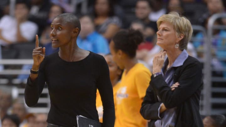 Jul 18, 2013; Los Angeles, CA, USA; Los Angeles Sparks coach Carol Ross (right) and assistant coach Bridget Pettis react during the game against the Phoenix Mercury at the Staples Center. The Mercury defeated the Sparks 90-84. Mandatory Credit: Kirby Lee-Imagn Images