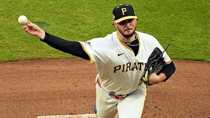 Jul 15, 2025; Cumberland, Georgia, USA; National League pitcher Paul Skenes (30) of the Pittsburgh Pirates pitches during the first inning during the 2025 MLB All Star Game at Truist Park. Mandatory Credit: Dale Zanine-Imagn Images