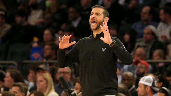 Mar 30, 2022; New York, New York, USA; Charlotte Hornets head coach James Borrego coaches against the New York Knicks during the second quarter at Madison Square Garden. Mandatory Credit: Brad Penner-Imagn Images