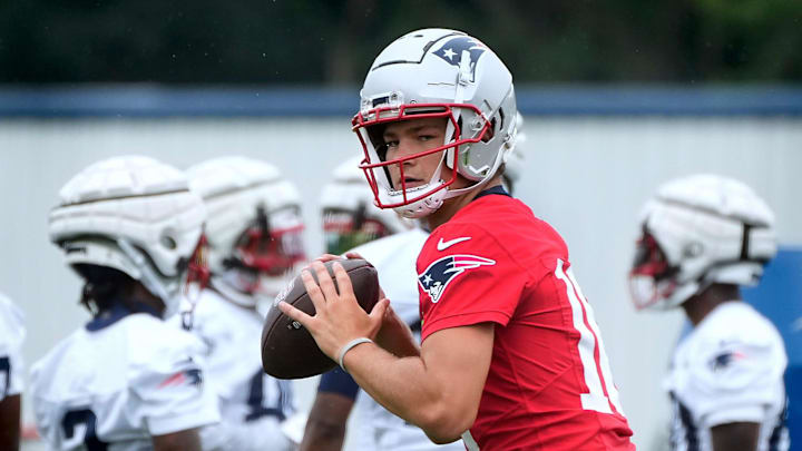 New England Patriots quarterback Drake Maye on first day of training camp in July. New England Patriots quarterback Drake Maye on first day of training camp in July.