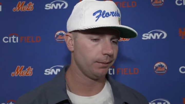 New York Mets first baseman Pete Alonso speaks to the media.