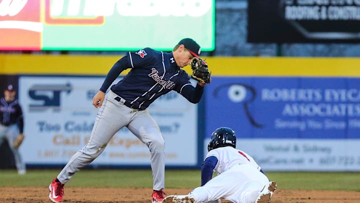 Jett Williams slides safely into second base for the Binghamton Rumble Ponies in a 5-2 loss to the New Hampshire Fisher Cats on April 5, 2024, at Mirabito Stadium in Binghamton, New York.