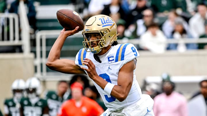UCLA's Nico Iamaleava throws a pass against Michigan State during the third quarter on Saturday, Oct. 11, 2025, at Spartan Stadium in East Lansing.
